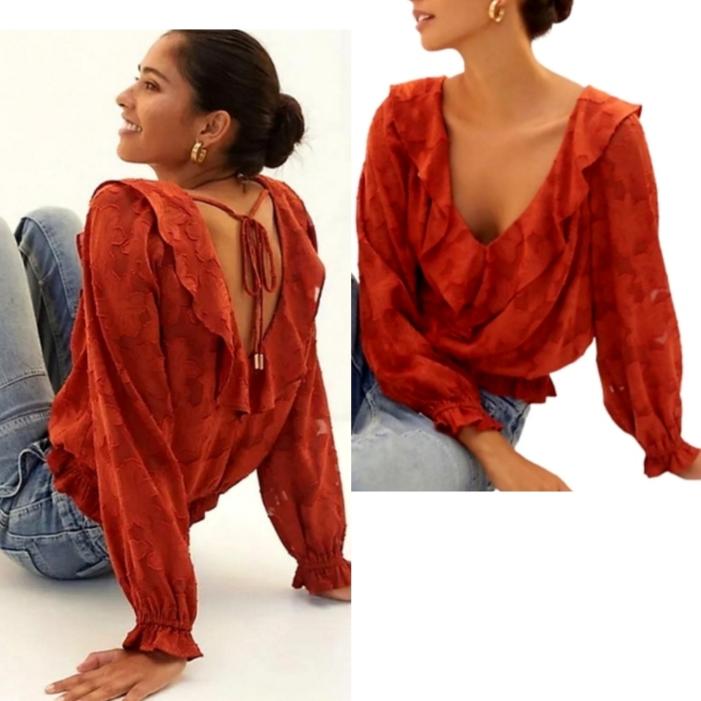 Anthropologie Textured Floral Ruffle Trim Open Back Cropped Blouse Top XS